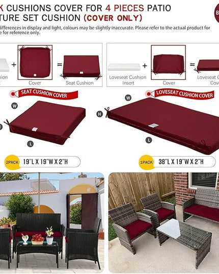 ClawsCover 3Pack Outdoor Seat Cushions Replacement Covers Fit for 4 Pieces Wicker Rattan Furniture Patio Conversation Set Loveseat Chair,38x19x2,19x19x2,Burgundy-Large (Include Cover Only) - LeafyLoom
