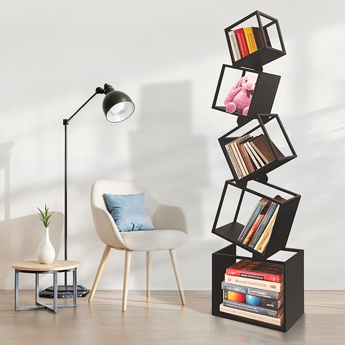 Unique Bookshelf, Book Shelves for Living Room, Geometric Bookcase, Modern Bookcase, Cool Bookshelf, Black Bookshelf, 67" Tall, Metal - LeafyLoom