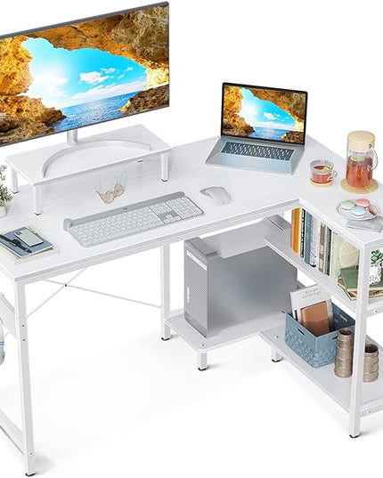 ODK 40 Inch Small L Shaped Computer Desk with Reversible Storage Shelves, L-shaped Corner Desk with Monitor Stand for Small Space, Modern Simple Writing Table for Home Office Workstation, White - LeafyLoom