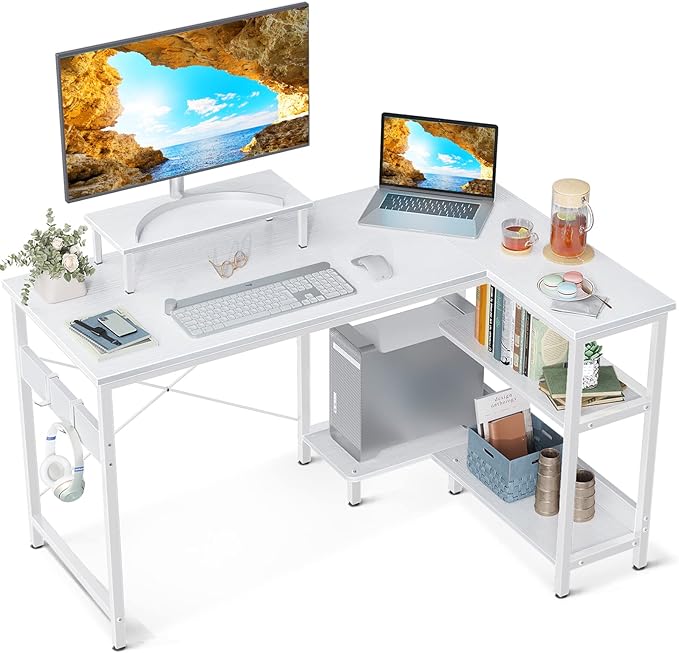 ODK 40 Inch Small L Shaped Computer Desk with Reversible Storage Shelves, L-shaped Corner Desk with Monitor Stand for Small Space, Modern Simple Writing Table for Home Office Workstation, White - LeafyLoom