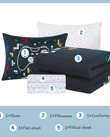 KALEIDOSPACE Kids Bedding Sets for Boys Girls, Glow in The Dark 5 Piece Gamer Twin Bed in A Bag, Ultra Soft Microfiber Kids Bedding for All Season (66"X86" - LeafyLoom