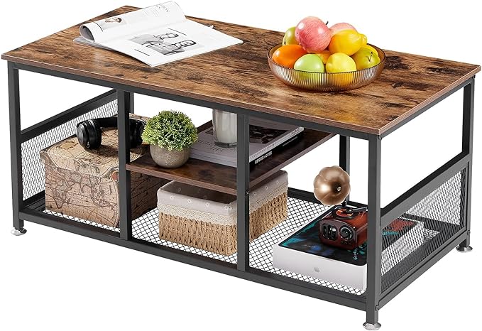 VECELO Coffee Center Table with Storage for Living Room Office Reception, Modern & Industrial Mesh Shelf, 39.4 Inch, Rustic Brown - LeafyLoom