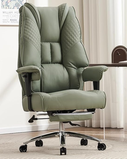 Big and Tall Office Chair 400lbs Wide Seat, Leather High Back Executive Office Chair with Foot Rest, Ergonomic Office Chair Lumbar Support for Lower Back Pain Relief (Light Green) - LeafyLoom