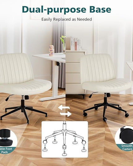 OLIXIS Cross Legged Armless Wide Adjustable Swivel Padded Home Office Desk Chair, Cream with Wheels - LeafyLoom