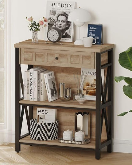 FATORRI Rustic Bookshelf with Drawer, Industrial Wood and Metal Bookcase, Small Book Shelf and Low Book case for Small Space (Rustic Oak) - LeafyLoom