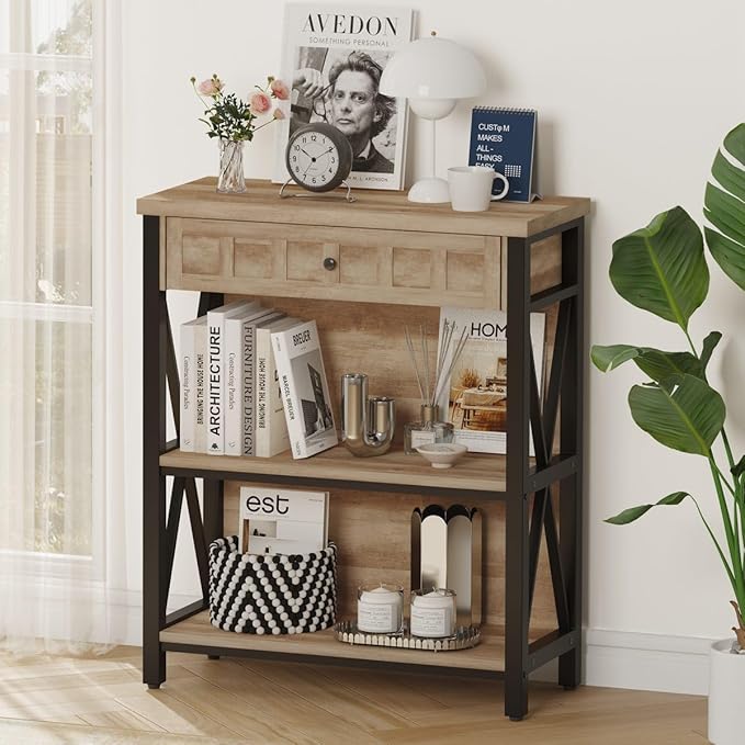 FATORRI Rustic Bookshelf with Drawer, Industrial Wood and Metal Bookcase, Small Book Shelf and Low Book case for Small Space (Rustic Oak) - LeafyLoom