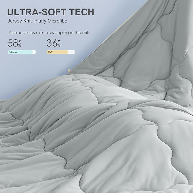 COTTEBED Reversible Queen Bed Comforter Set - Jersey Knit T-Shirt Feel Full Size Bedding 1 Down Blanket Quilt & 2 Pillow Sham - Ultra-Soft Fluffy Lightweight Cozy All Season Use (Light Gray and White) - LeafyLoom