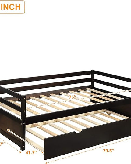 Twin Size Daybed with Hideaway Trundle,Multifunction Solid Wood Bed Frame,W/Wooden Slat Support and Guardrails,No Box Spring Needed,for Bedroom Children Room,Espresso - LeafyLoom