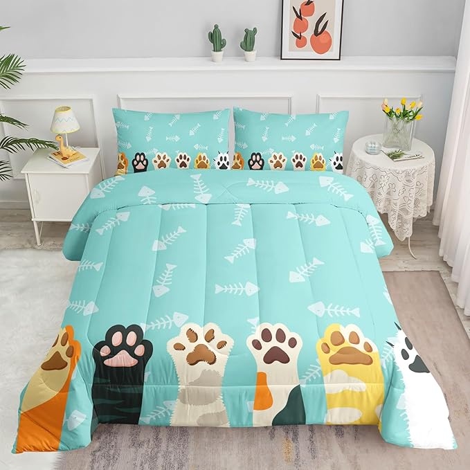 Datura home Cat Paws Comforter Bedding Set for Kids Teens,Cartoon Cat Paws and Fish Bones Pattern Lightweight Cyan Comforter with 2 Pillowcases,3pcs(Cat Paws Queen) - LeafyLoom