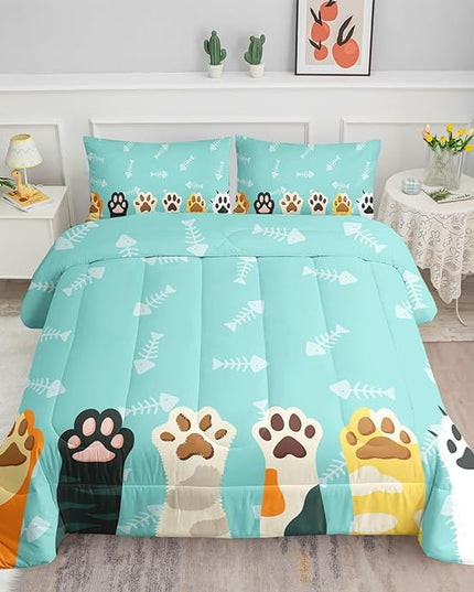 Datura home Cat Paws Comforter Bedding Set for Kids Teens,Cartoon Cat Paws and Fish Bones Pattern Lightweight Cyan Comforter with 2 Pillowcases,3pcs(Cat Paws Twin) - LeafyLoom