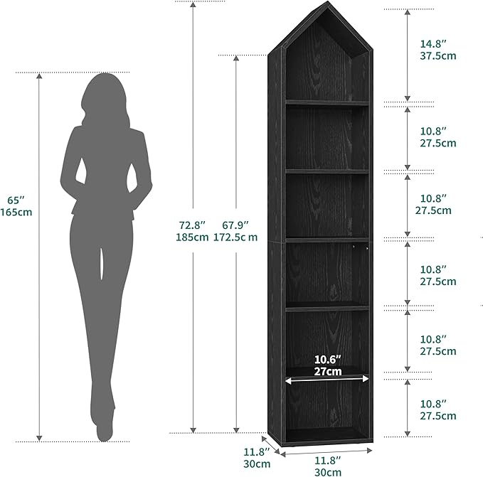 YITAHOME 73" Tall Narrow Bookshelf, Modern Open 5 Tier Bookcase, Wooden Shelf Stand for Small Spaces, Display Shelving Storage Rack for Bedroom, Living Room, Home Office, Black - LeafyLoom