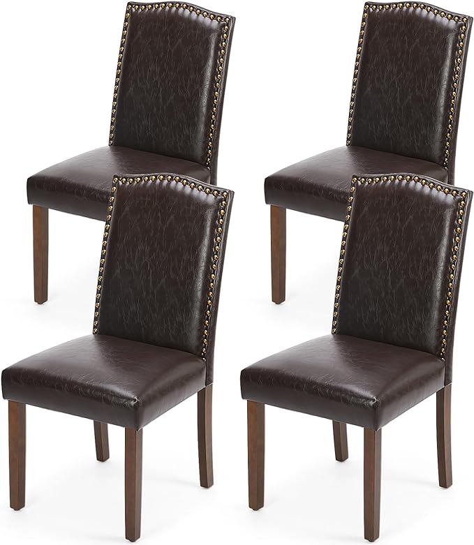 MCQ Upholstered Dining Chairs Set of 4, Modern Upholstered Fabric Dining Room Chair with Nailhead Trim and Wood Legs, Mid-Century Accent Dinner Chair for Living Room, Kitchen, Dark Brown - LeafyLoom