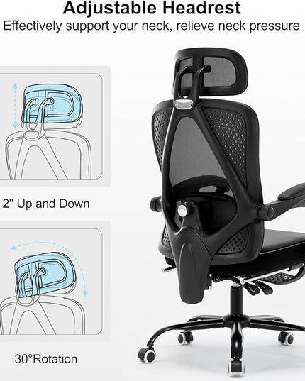 Office Chair Ergonomic Desk Chair, Reclining PU Cushion Mesh Computer Chair with Adjustable Lumbar Support, Headrest and Footrest, High Back Home Office Desk Chair, 360° Swivel Executive Task Chair - LeafyLoom
