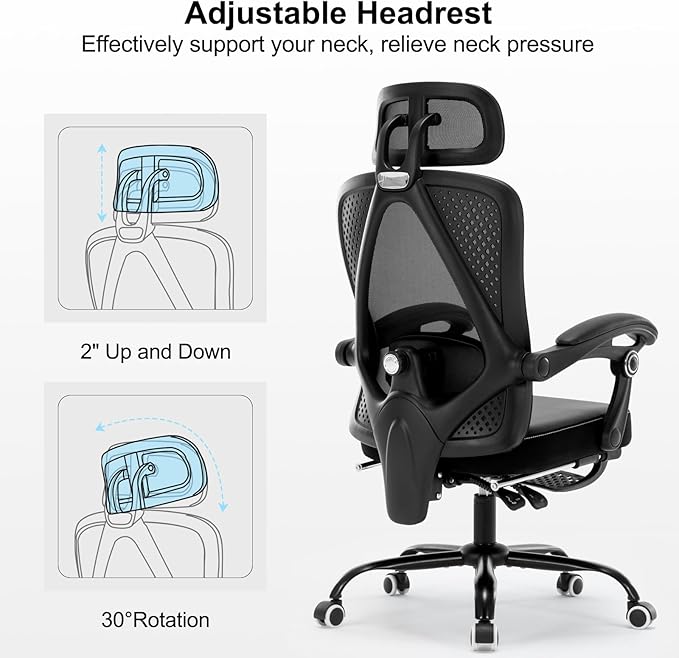 Office Chair Ergonomic Desk Chair, Reclining PU Cushion Mesh Computer Chair with Adjustable Lumbar Support, Headrest and Footrest, High Back Home Office Desk Chair, 360° Swivel Executive Task Chair - LeafyLoom