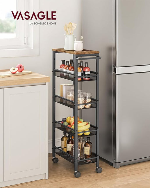 VASAGLE Slim Rolling Cart, 5-Tier Storage Cart, Narrow Cart with Handle, 8.7 Inches Deep, Metal Frame, for Kitchen, Dining Room, Living Room, Home Office, Rustic Brown and Black ULRC035B01 - LeafyLoom