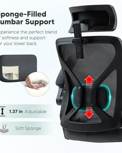 SEATZONE Dark Gray Office Chair, Ergonomic Desk Chair with Adjustable Headrest,Lumbar Support, High Back Mesh Computer Chair with Wheels and Flip-up Armrests Task Chairs, Executive Chairs - LeafyLoom