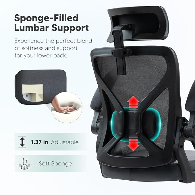 SEATZONE Dark Gray Office Chair, Ergonomic Desk Chair with Adjustable Headrest,Lumbar Support, High Back Mesh Computer Chair with Wheels and Flip-up Armrests Task Chairs, Executive Chairs - LeafyLoom
