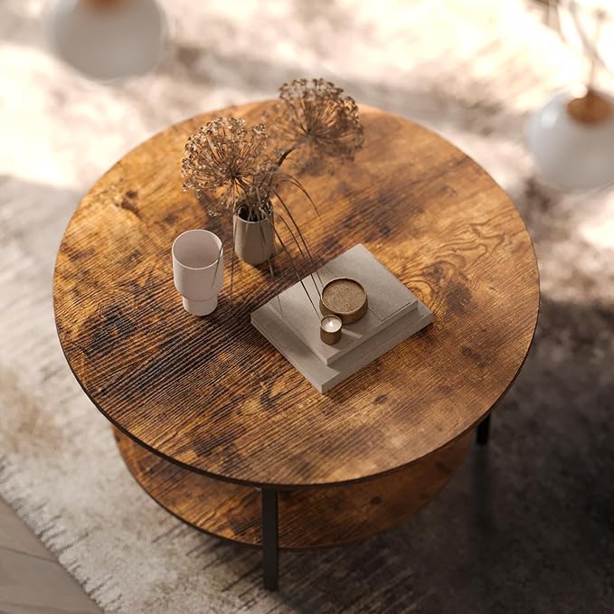 FABATO Round Lift Top Coffee Table with Storage and Hidden Compartment, 26.77'' Farmhouse Coffee Table for Living Room Reception Room, 2 Tier Small Round Coffee Table Circle Dining Table, Rustic Brown - LeafyLoom