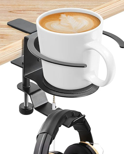 Desk Cup Holder, 2-in-1 Adjustable & 360° Rotating Office Gaming Desk Accessories for Under Desk Headphone Stand Hanging Headset, Holding Coffee Mug, Drinks, Water Bottle – Black - LeafyLoom