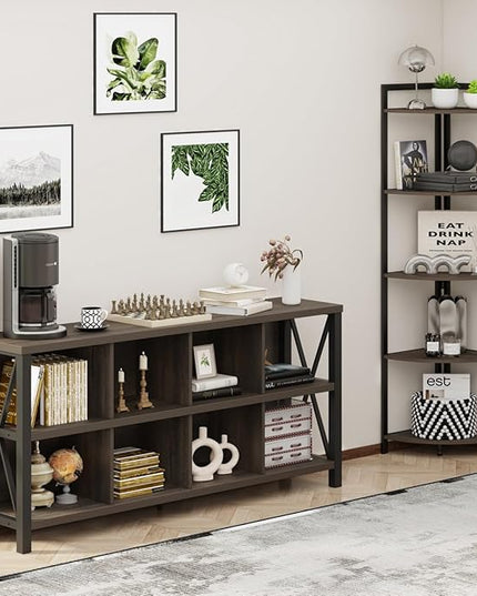 FATORRI 8 Cube Storage Organizer Bookshelf, Rustic Wood Cubby Bookcase, Industrial Horizontal Long Shelf for Living Room (Walnut Brown, 62 Inch) - LeafyLoom