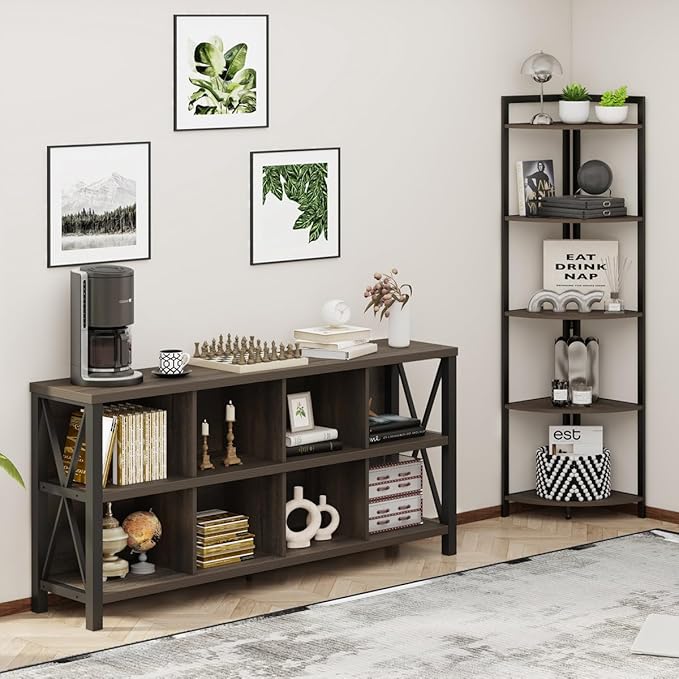 FATORRI 8 Cube Storage Organizer Bookshelf, Rustic Wood Cubby Bookcase, Industrial Horizontal Long Shelf for Living Room (Walnut Brown, 62 Inch) - LeafyLoom