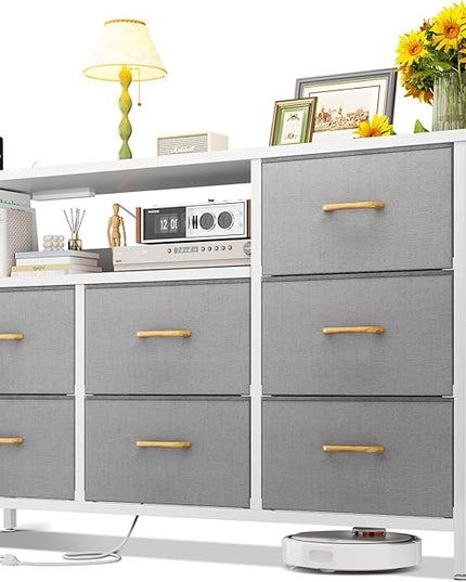 AODK Dresser with Charging Station, 52-Inch Long Dresser for Bedroom with 7 Large Fabric Drawers, Entertainment Center with Open Shelves for 55-Inch TV for Living Room, White and Light Grey - LeafyLoom