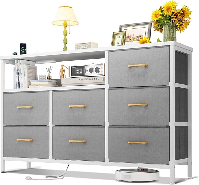 AODK Dresser with Charging Station, 52-Inch Long Dresser for Bedroom with 7 Large Fabric Drawers, Entertainment Center with Open Shelves for 55-Inch TV for Living Room, White and Light Grey - LeafyLoom