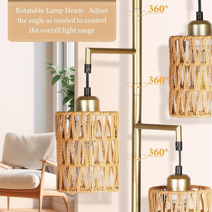 Farmhouse Floor Lamp, Industrial Style Tall Lamps, Boho Tree Standing Tall Lamp with Sturdy Modern Vintage Design for Living Room Bedroom Office Dining Room(Glod) - LeafyLoom