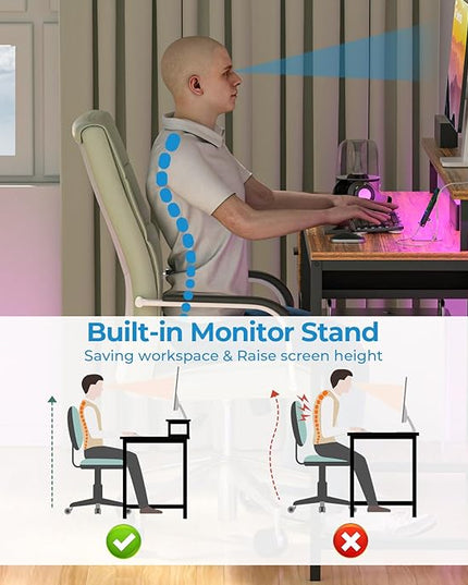 GreenForest Computer Desk with Drawers 39 inch,Gaming Desk with LED Lights & Power Outlets Small Desk with Monitor Stand and Reversible Shelf,Walnut - LeafyLoom