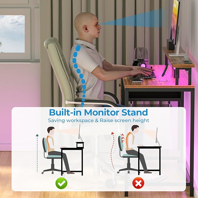 GreenForest Computer Desk with Drawers 39 inch,Gaming Desk with LED Lights & Power Outlets Small Desk with Monitor Stand and Reversible Shelf,Walnut - LeafyLoom