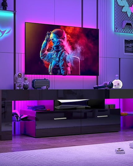 HOUAGI LED TV Stand for 50/55/60/65/70 Inch TVs,Modern Entertainment Center with Storage Drawer and Glass shelf, TV Console Table for Living room,Bedroom,Black - LeafyLoom