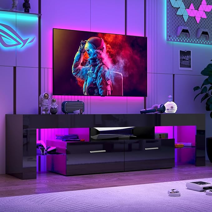 HOUAGI LED TV Stand for 50/55/60/65/70 Inch TVs,Modern Entertainment Center with Storage Drawer and Glass shelf, TV Console Table for Living room,Bedroom,Black - LeafyLoom