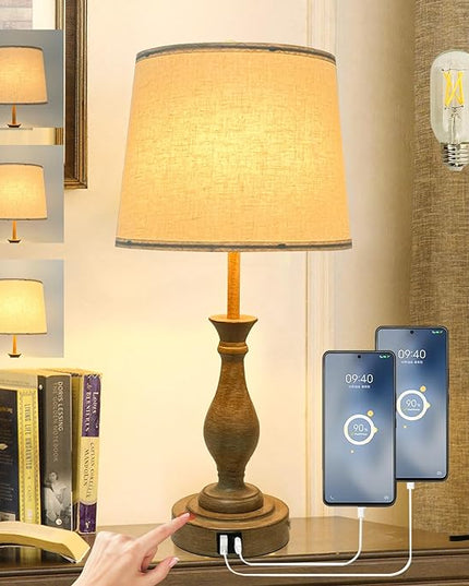 Farmhouse Table Lamp Touch Control 3-Way Dimmable Table Lamp, Modern Nightstand Lamp with 2 USB Port Bedside Desk Lamp with Fabric Shade for Living Room Bedroom Hotel (Pack-01A) - LeafyLoom