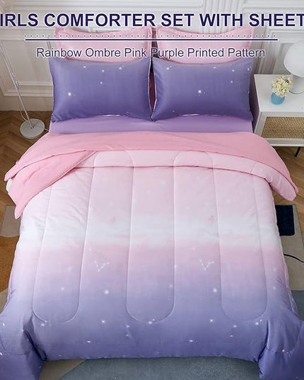 Girls Comforter Set Full Size Colorful Ombre Pink Purple Rainbow Bedding Set Bed in A Bag for Kid Teen Girls 7 Pieces (1 Comforter, 1 Flat Sheet, 1 Fitted Sheet, 2 Pillow shams, 2 Pillowcases) - LeafyLoom