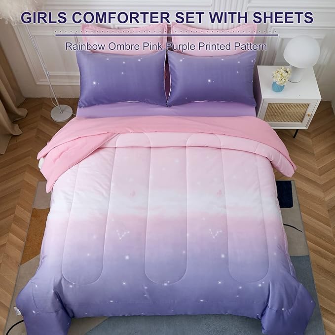 Girls Comforter Set Full Size Colorful Ombre Pink Purple Rainbow Bedding Set Bed in A Bag for Kid Teen Girls 7 Pieces (1 Comforter, 1 Flat Sheet, 1 Fitted Sheet, 2 Pillow shams, 2 Pillowcases) - LeafyLoom