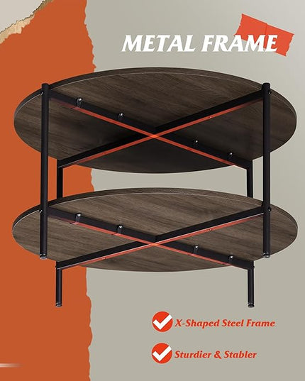 WLIVE Round Coffee Table, Living Room Table with 2-Tier Storage Shelf,32in Wood Modern Coffee Table with Metal Frame and Wood Desktop,Easy Assembly，Brown Walnut. - LeafyLoom