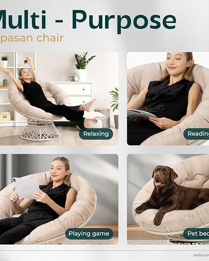 Bme 40" Ergonomic Wicker Papasan Chair with Soft Thick Density Fabric Cushion, High Capacity Steel Frame, 360 Degree Swivel for Living, Bedroom, Reading Room, Lounge - LeafyLoom