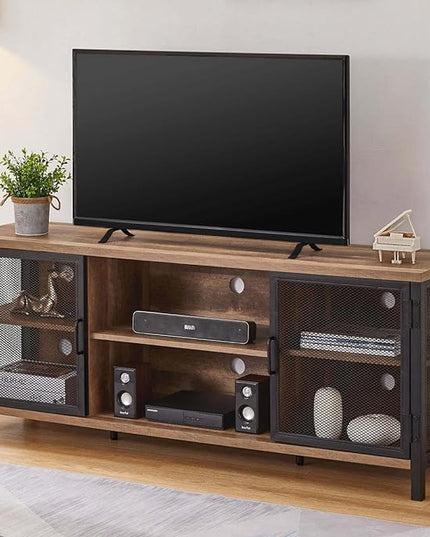 FATORRI Industrial Entertainment Center for TVs up to 65 Inch, Rustic Wood TV Stand, Large TV Console and TV Cabinet for Living Room (60 Inch Wide, Rustic Oak) - LeafyLoom