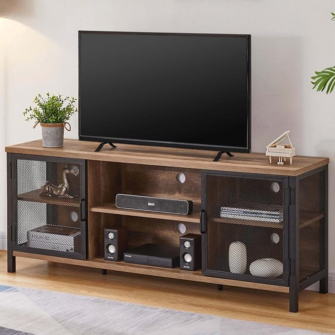 FATORRI Industrial Entertainment Center for TVs up to 65 Inch, Rustic Wood TV Stand, Large TV Console and TV Cabinet for Living Room (60 Inch Wide, Rustic Oak) - LeafyLoom