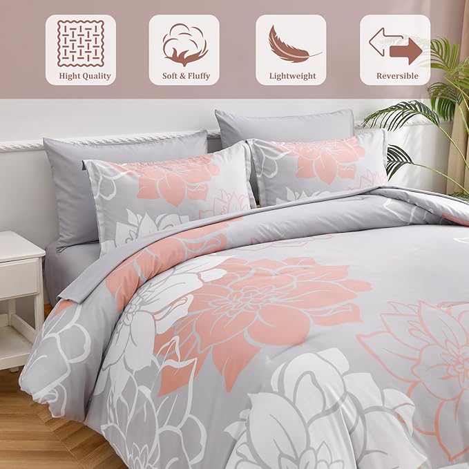 Floral Comforter Set Queen 7 Piece Bed in a Bag Coral Flower Comforter with Sheet Set Soft Micorfiber Bedding Set (1 Comforter,2 Pillow Shams,1 Flat Sheet,1 Fitted Sheet,2 Pillowcases) - LeafyLoom