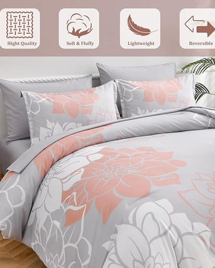 Floral Comforter Set King 7 Piece Bed in a Bag Coral Flower Comforter with Sheet Set Soft Micorfiber Bedding Set (1 Comforter,2 Pillow Shams,1 Flat Sheet,1 Fitted Sheet,2 Pillowcases) - LeafyLoom