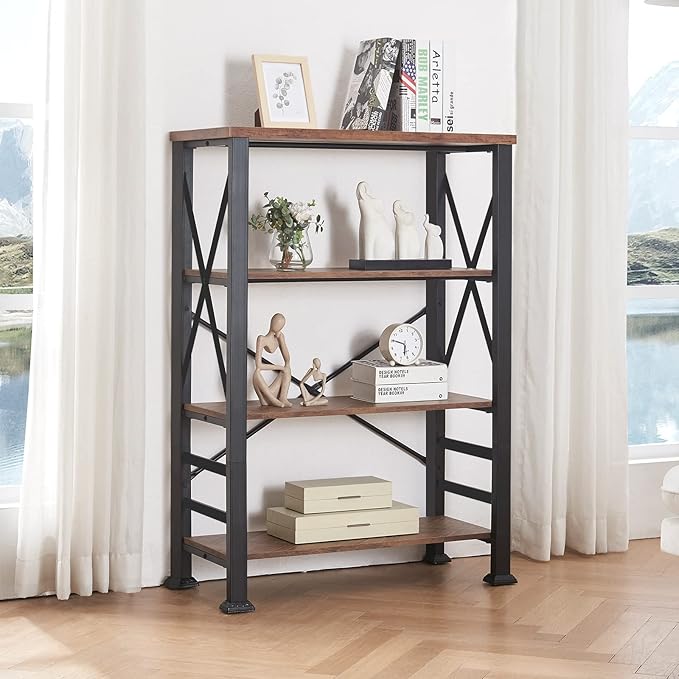 HOMBAZAAR Bookshelf, 4-Tier Industrial Bookshelf, Etagere Bookcases and Bookshelves, Tall Bookshelf Storage Organizer, Freestanding Bookshelf for Living Room, Bedroom and Home Office, Brown - LeafyLoom