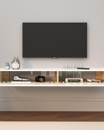 Floating TV Stand in Solid Wood, 52'' High Gloss Wall Mounted TV Cabinet, Floating TV Shelves with 2 Large Doors, Modern Entertainment Media Console Center Large Storage TV Bench (52.36IN) - LeafyLoom