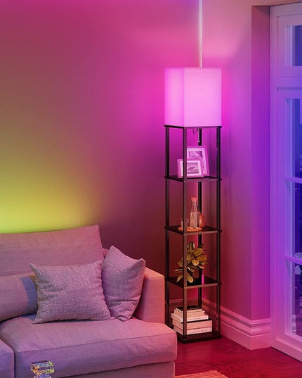 addlon Floor Lamp with Shelves with LED Smart RGB Bulb, 5-Tier Modern Shelf Display for Living Room, Bedroom and Office - Black - LeafyLoom