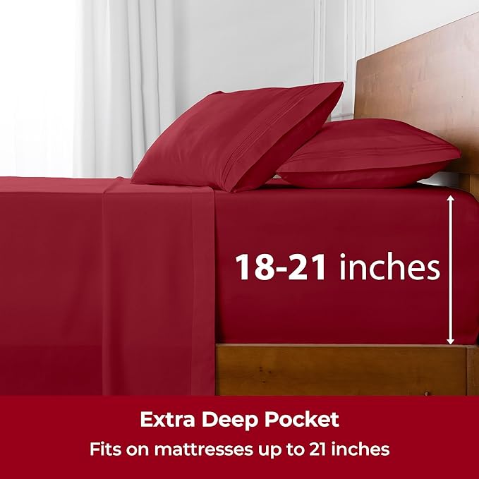 Mellanni Extra Deep Twin Sheets - 3 PC Iconic Collection Bedding Sheets & Pillowcases - Hotel Luxury, Ultra Soft, Cooling Bed Sheets - Extra Deep Pocket up to 21 inch (Twin, Brick Red) - LeafyLoom