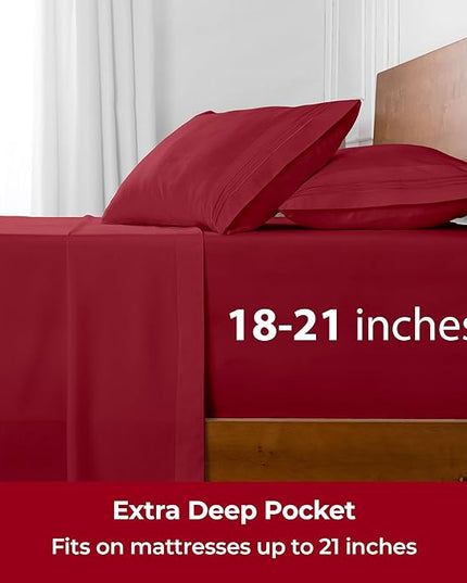 Mellanni Extra Deep Queen Sheets - 4 PC Iconic Collection Bedding Sheets & Pillowcases - Hotel Luxury, Ultra Soft, Cooling Bed Sheets - Extra Deep Pocket up to 21 inch (Queen, Brick Red) - LeafyLoom