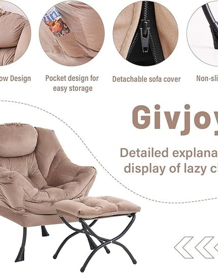 Lazy Chair and Ottoman, Large Accent Lounge Chair with Armrests and a Side Pocket, Modern Leisure Upholstered Sofa Reading Armchair with Footrest for Bedroom, Living Room, Dorm Rooms, Office - LeafyLoom