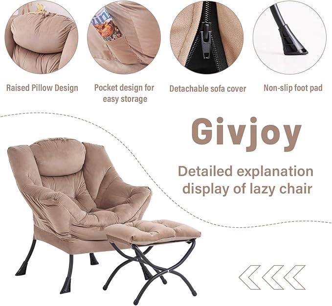 Lazy Chair and Ottoman, Large Accent Lounge Chair with Armrests and a Side Pocket, Modern Leisure Upholstered Sofa Reading Armchair with Footrest for Bedroom, Living Room, Dorm Rooms, Office - LeafyLoom