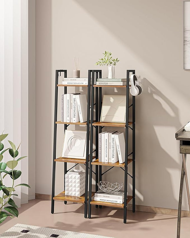 Ladder Shelf, Bookshelf Bookcase, Freestanding Corner Storage Shelve with 2 Hooks for Home Office, Living Room, Kitchen, Bedroom, Industrial, 4-Tier Rustic Brown BC13201B - LeafyLoom