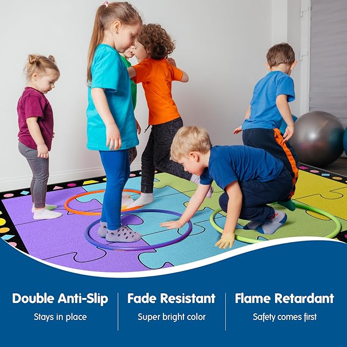 Booooom Jackson Classroom Carpets Kid Rug 7'5''x5' Puzzle Classroom Seating Rug for Nursery, School Learning Area, Children's Colorful Area Rug Educational Carpet with Non-Slip Backing(Seats-12) - LeafyLoom